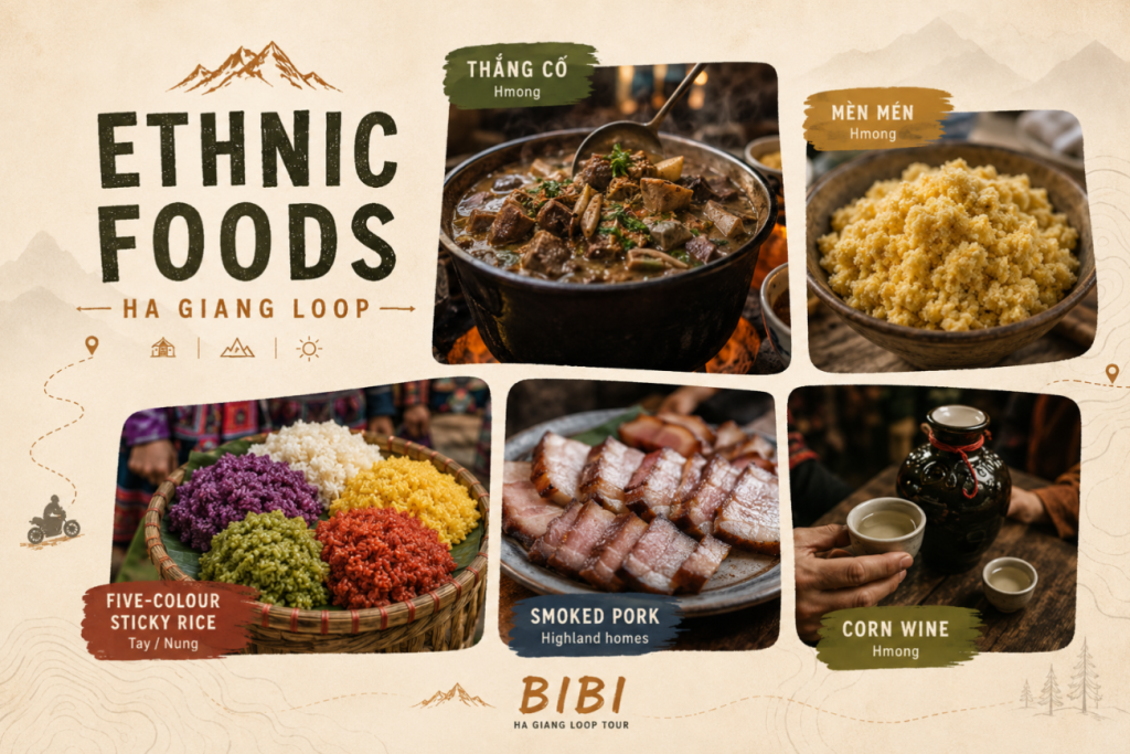 Iconic ethnic food at Ha Giang from different minorities