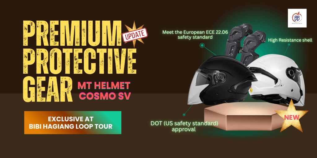 MT Helmets Cosmo SV premium open-face helmet with ECE 22.06 safety standard and protective gear featured by Bibi Ha Giang Loop Tour.