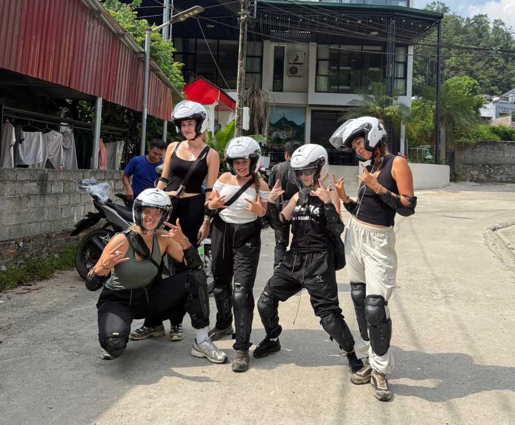 Bibi Ha Giang Loop Tour guests wearing MT Cosmo SV helmets and protective riding gear before starting the Ha Giang Loop